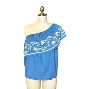 Rebecca Minkoff One Shoulder Ruffle Chambray Top